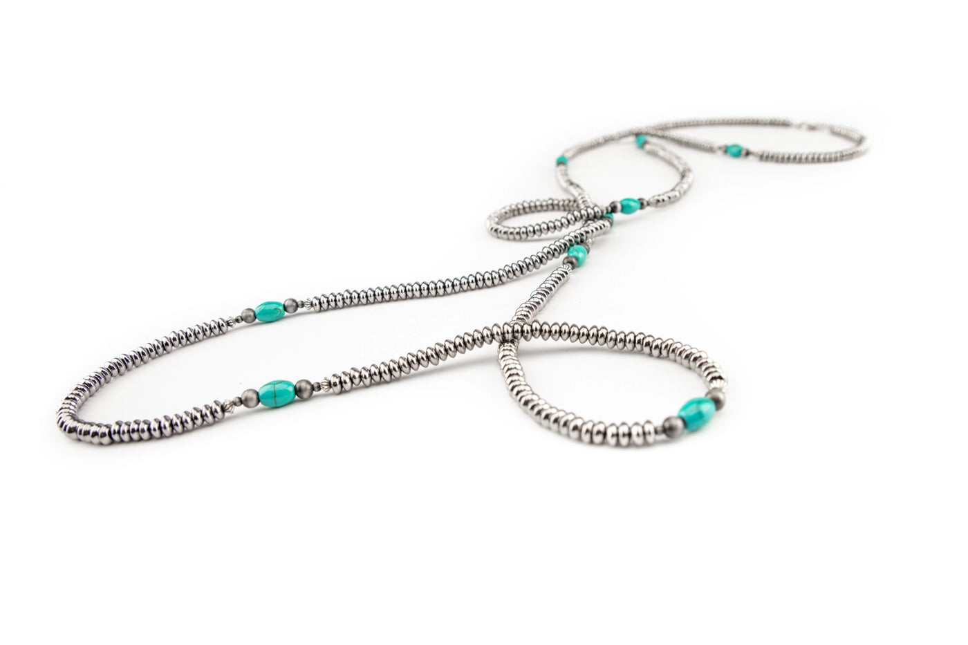 66"Silver Disc Bead Necklace W/Green Turquoise Beaded Accent