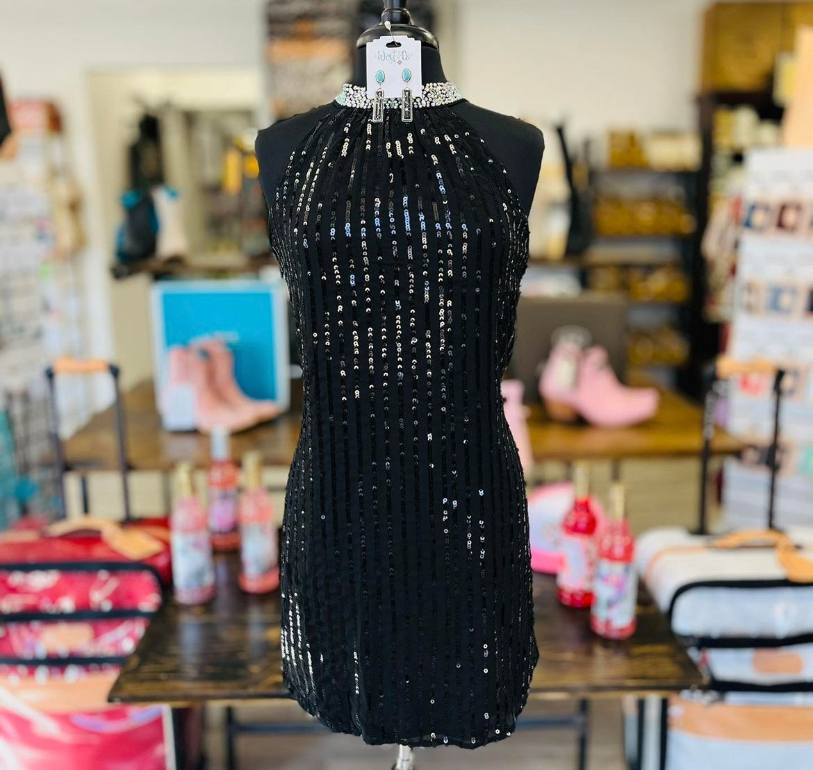 Black Rhinestone Trim Sequin Sleeveless Mini Dress