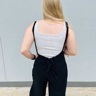 Black Woven Tie Back Suspender Jumpsuit with Pockets