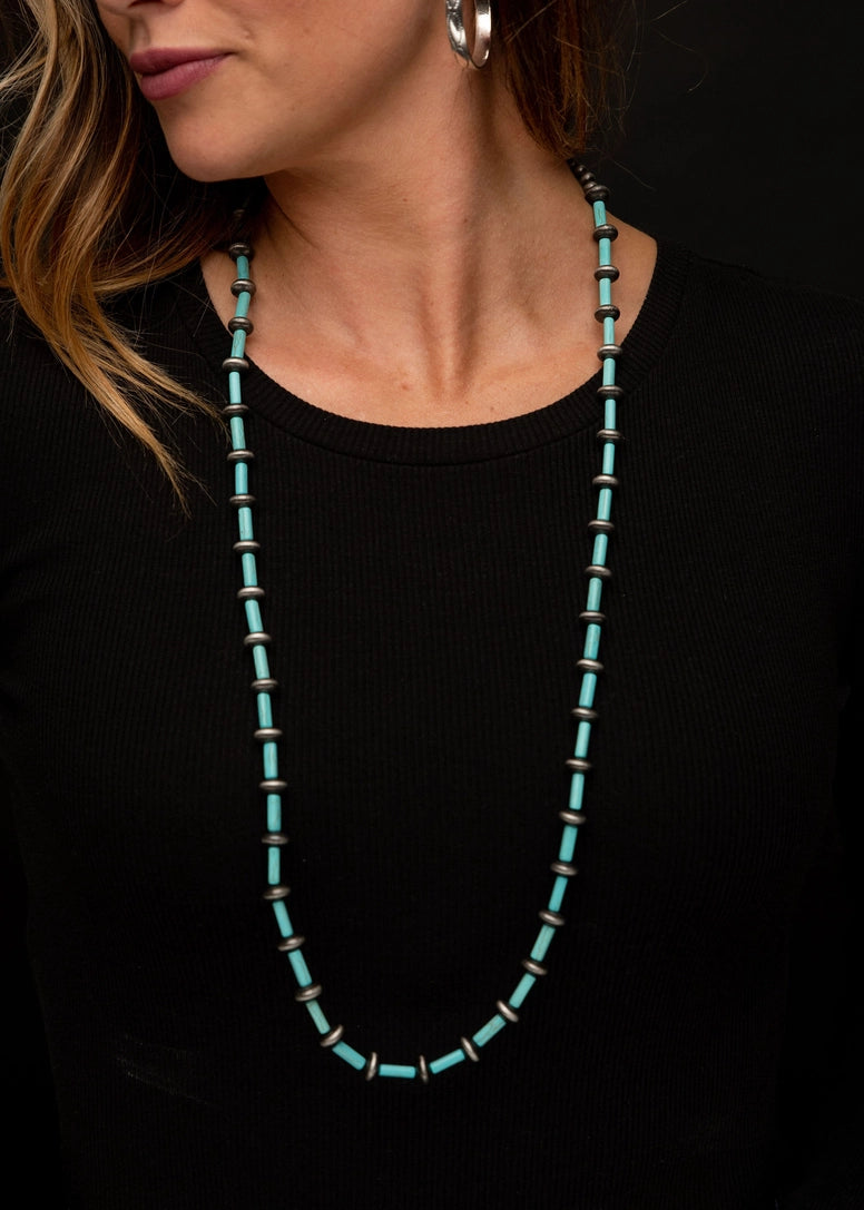 36" Turquoise Tube Bead & Faux Navajo Disc Beaded Necklace