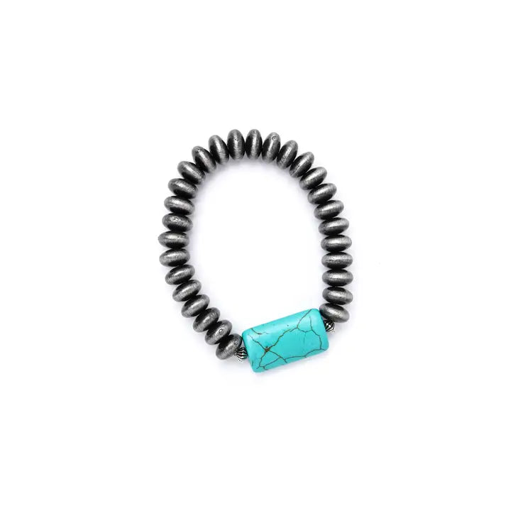 Faux Navajo Pearl Disc Stretch Bracelet w/ Turquoise Accent