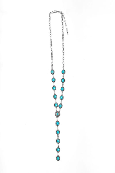 24" Dainty Silver Oval Turquoise Concho Lariat Style Necklace