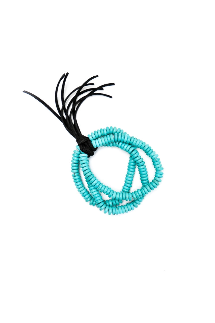 3 Strand Turquoise Beaded Stretch Bracelet w/ Black Faux Lea