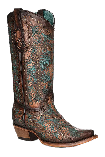 Corral Copper with Teal Embroidery and Studs 13 inch Snip Toe Western Boots