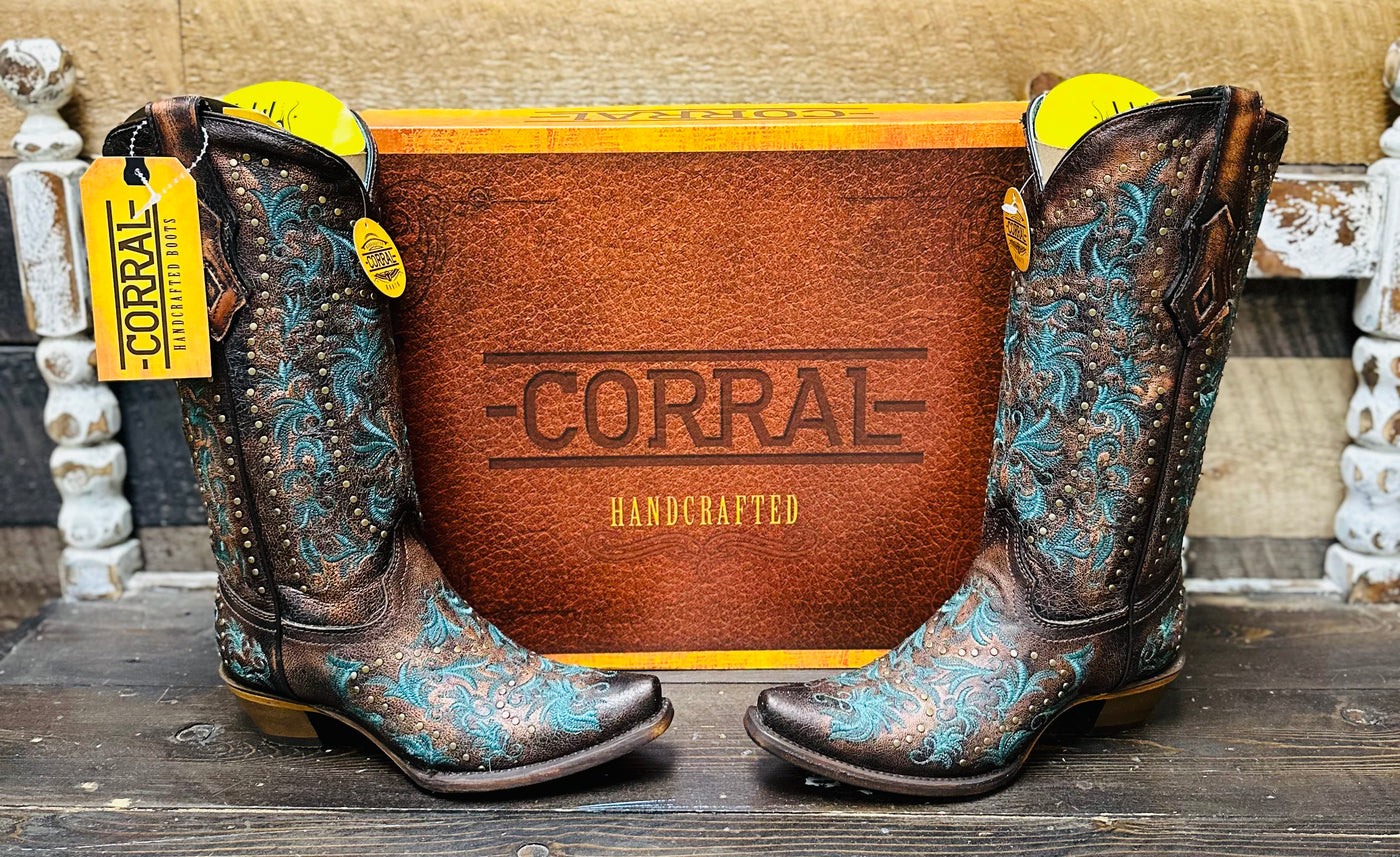 Corral Copper with Teal Embroidery and Studs 13 inch Snip Toe Western Boots