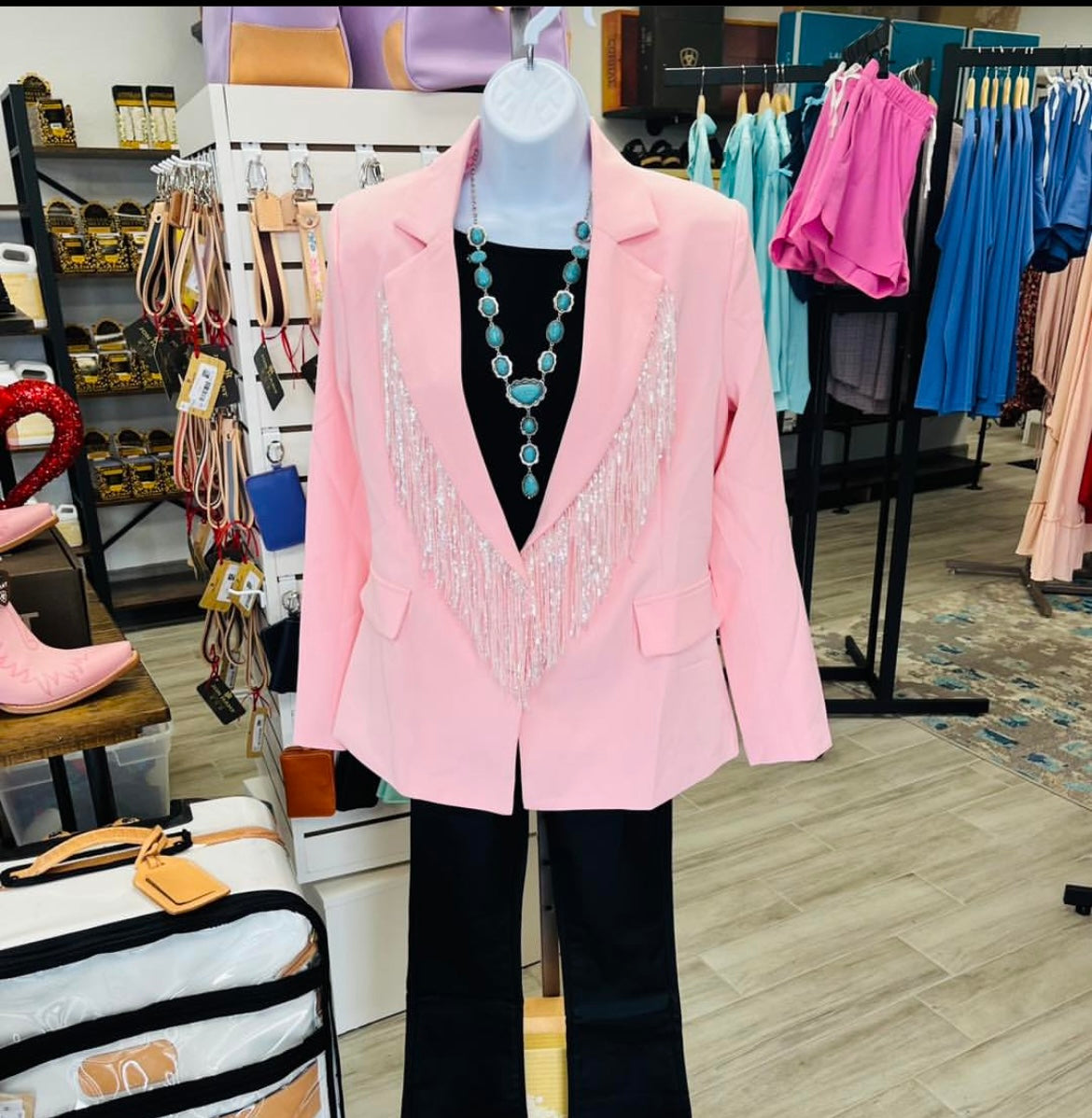 Sugar Pink Sequin Fringe Trim Solid Blazer Jacket