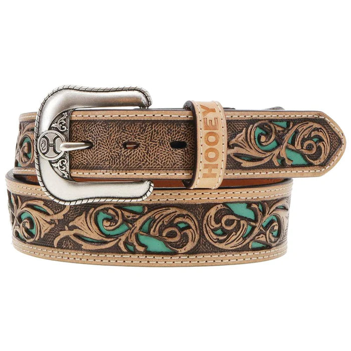 Copy of "Top Notch" Hand Tooled Hooey Belt in Natural/Turqouise