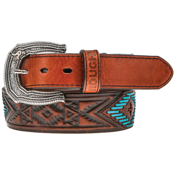 "Choctaw" Roughy Tooled w/Lacing Belt Brown/Turqouise/Red w/Aztec