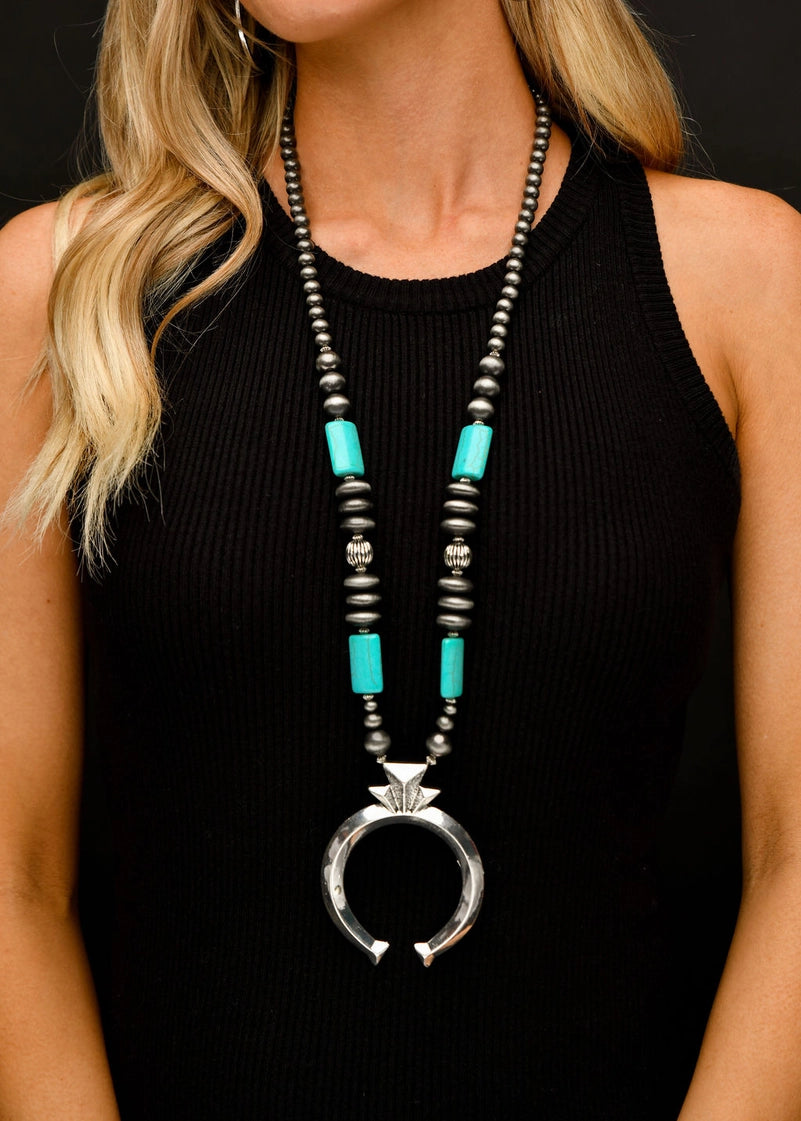 32" Faux Navajo Pearl & Turquoise Necklace w/ Naja Pendant