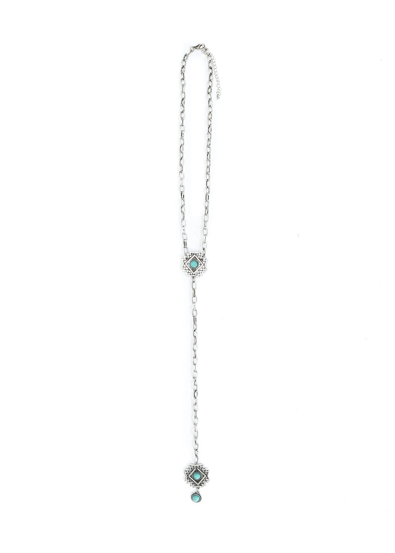 20"" w/ 8"" Tail Silver Chain Lariat Necklace W/Aztec Concho