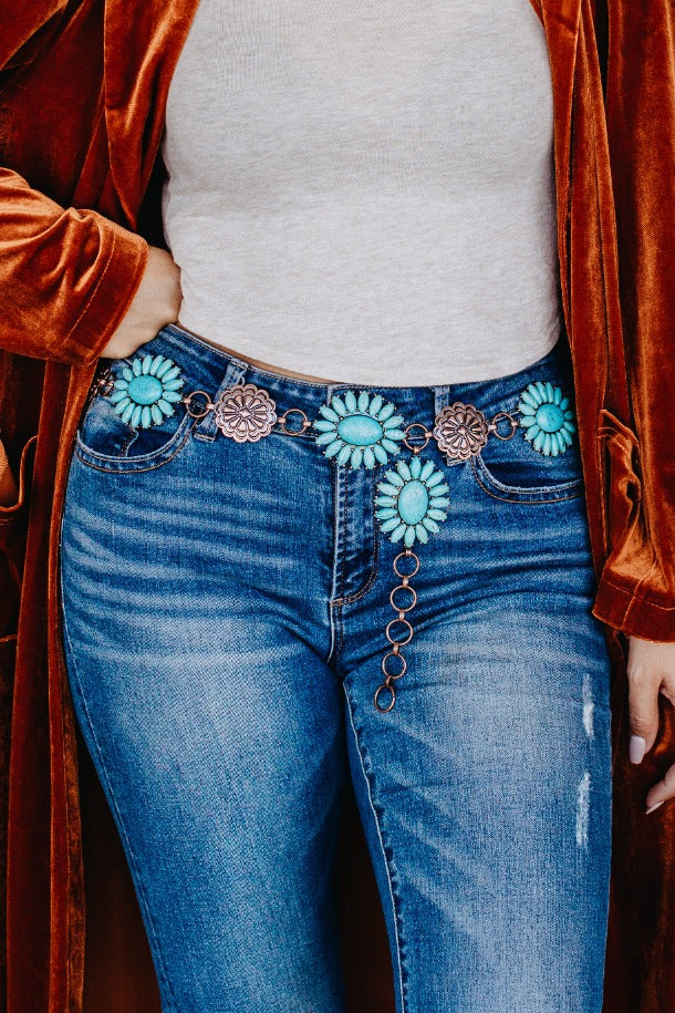 Forever Chasing Cowboys Turqouise Floral Concho Link Belt